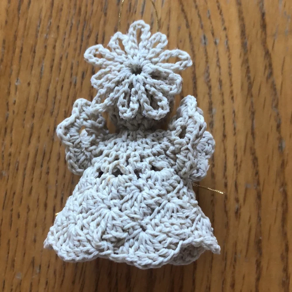 Set of 4 crocheted Christmas ornaments- Angel, tree, bells,drummer